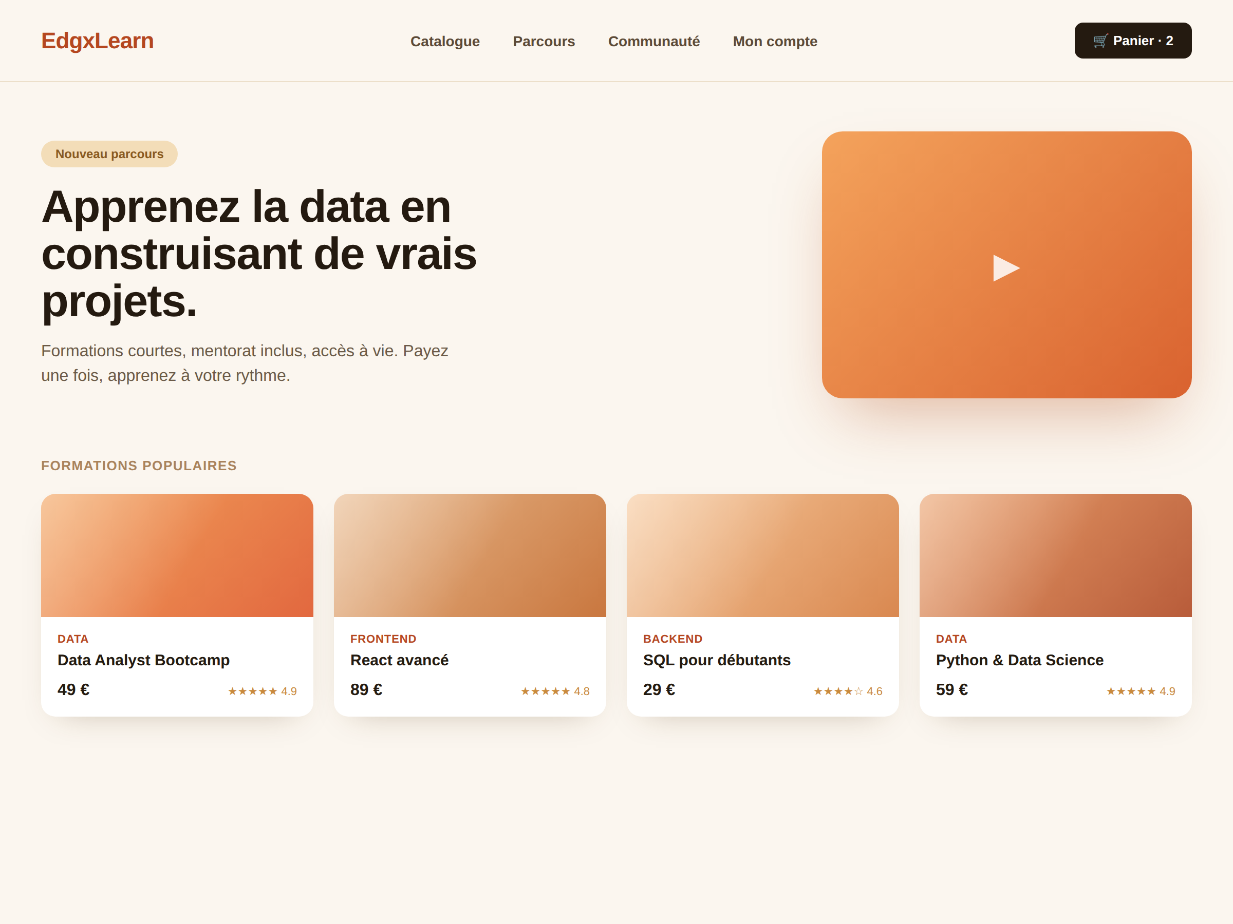 Maquette de la plateforme e-commerce formations